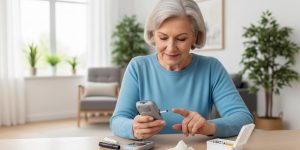 Senior adult checking blood sugar level indoors in a comfortable healthcare environment