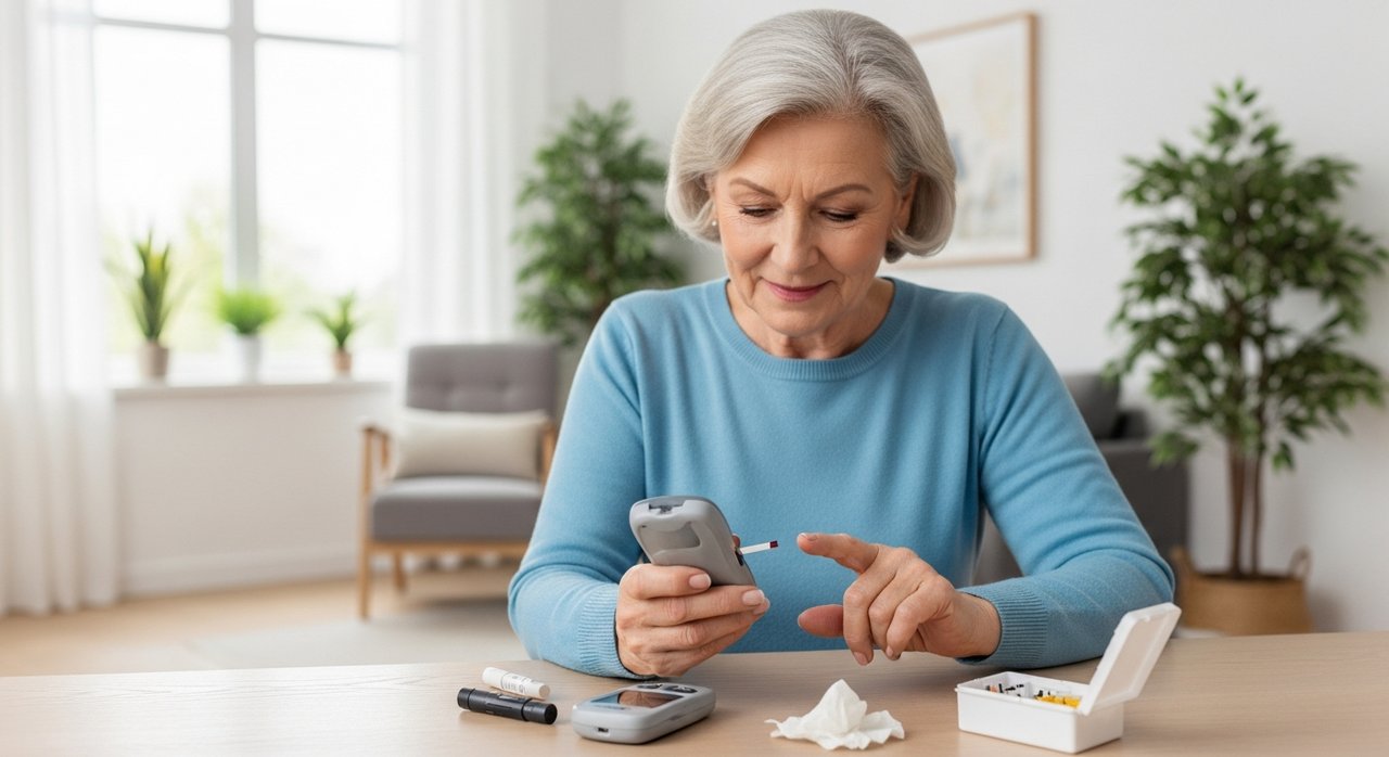 Senior adult checking blood sugar level indoors in a comfortable healthcare environment