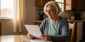 A senior woman in her 70s reading a Social Security Extra Help enrollment letter at her kitchen table with a look of relief, warm afternoon light in a modest Nevada home.