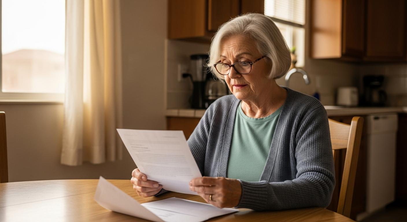 A senior woman reading a Social Security Extra Help enrollment letter at her kitchen table with a look of relief and calm.