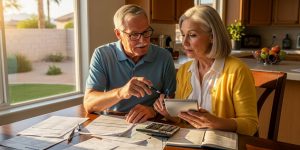 A senior couple in their 60s reviewing Extra Help and Medicare Part D documentation at their kitchen table in Las Vegas, discussing prescription drug coverage options and potential annual savings on medication costs.