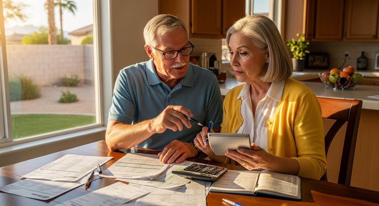 A senior couple in their 60s reviewing Extra Help and Medicare Part D documentation at their kitchen table in Las Vegas, discussing prescription drug coverage options and potential annual savings on medication costs.