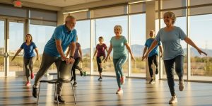 Active seniors in their 60s and 70s practicing fall prevention balance exercises at a Las Vegas community center, with bright desert sunlight through large windows, demonstrating safe and effective techniques for reducing fall risk in 2026.