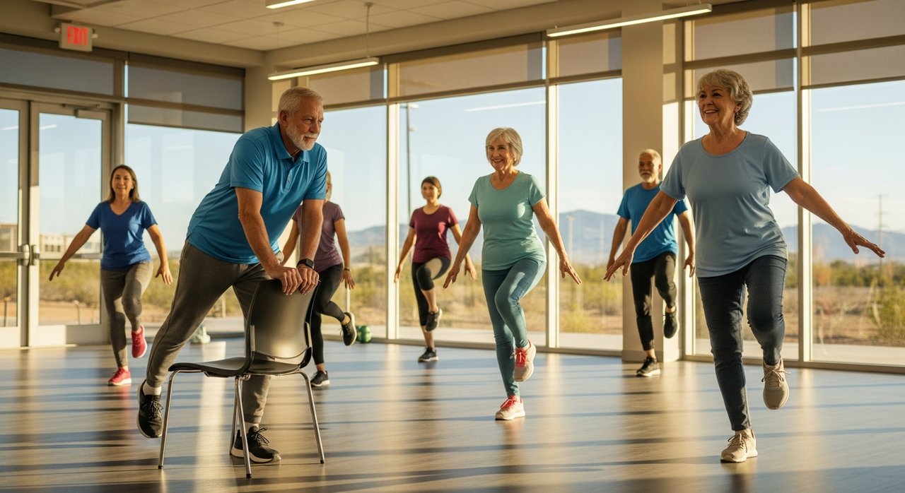 Active seniors in their 60s and 70s practicing fall prevention balance exercises at a Las Vegas community center, with bright desert sunlight through large windows, demonstrating safe and effective techniques for reducing fall risk in 2026.