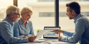 A senior couple meeting with a fiduciary financial advisor at a Las Vegas office, reviewing retirement planning documents and investment charts to discuss their financial future and fee-only advisor options in Nevada.