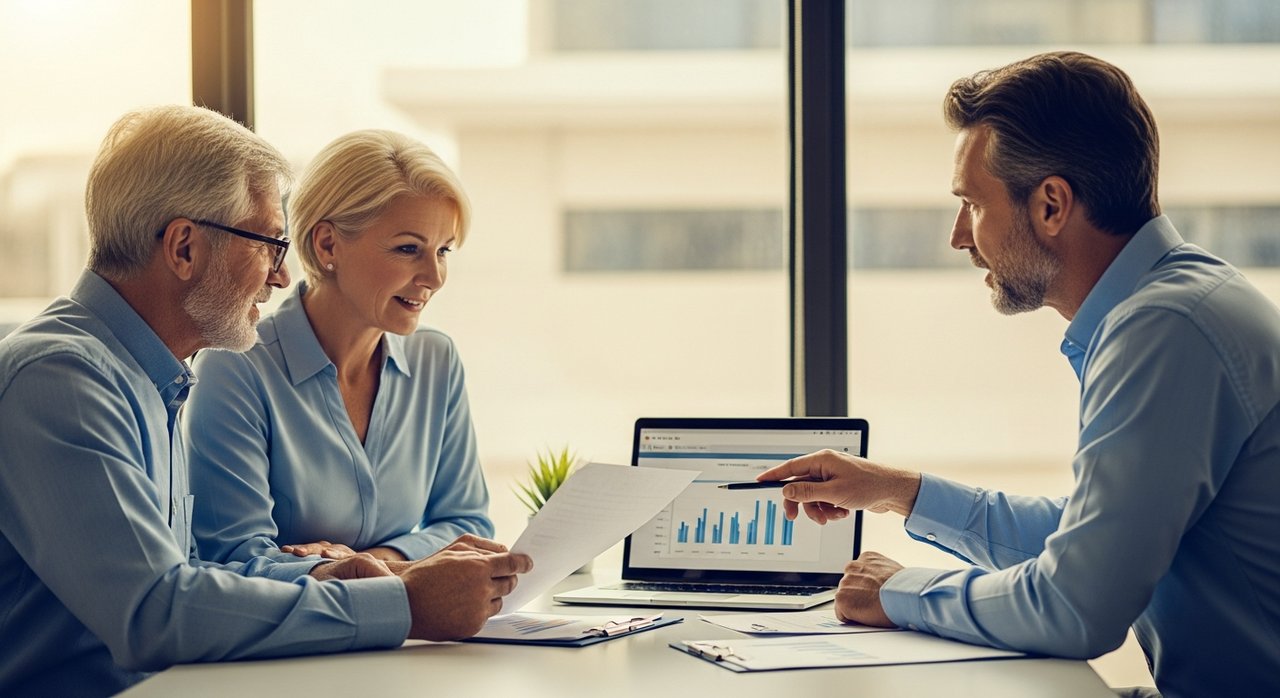 A senior couple meeting with a fiduciary financial advisor at a Las Vegas office, reviewing retirement planning documents and investment charts to discuss their financial future and fee-only advisor options in Nevada.