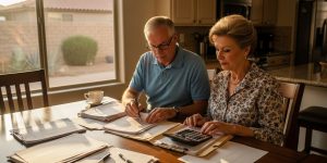 A senior couple in their 60s reviewing a monthly budget and Social Security documents at their kitchen table in Las Vegas, smiling as they plan their fixed income retirement strategy together.