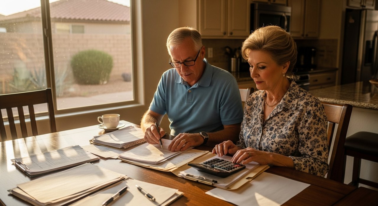 A senior couple in their 60s reviewing a monthly budget and Social Security documents at their kitchen table in Las Vegas, smiling as they plan their fixed income retirement strategy together.