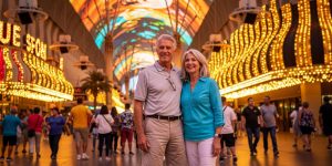 A senior couple enjoying free outdoor entertainment on Fremont Street in Las Vegas, taking advantage of the free entertainment options available to seniors over 60 in the city