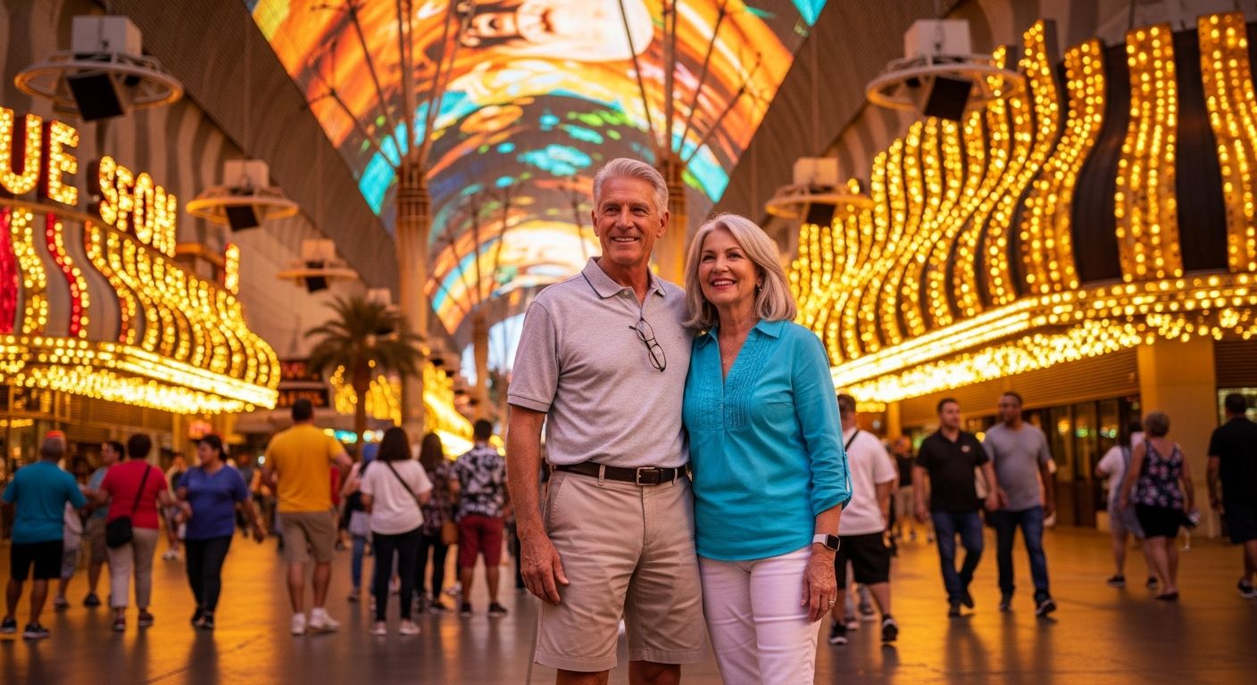 A senior couple enjoying free outdoor entertainment on Fremont Street in Las Vegas, taking advantage of the free entertainment options available to seniors over 60 in the city
