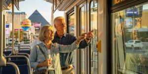 A senior couple in their 60s boarding the free tram at Mandalay Bay on the Las Vegas Strip, enjoying a comfortable and cost-free ride connecting to Luxor and Excalibur, making transportation easy for seniors who prefer not to walk in the Nevada heat.