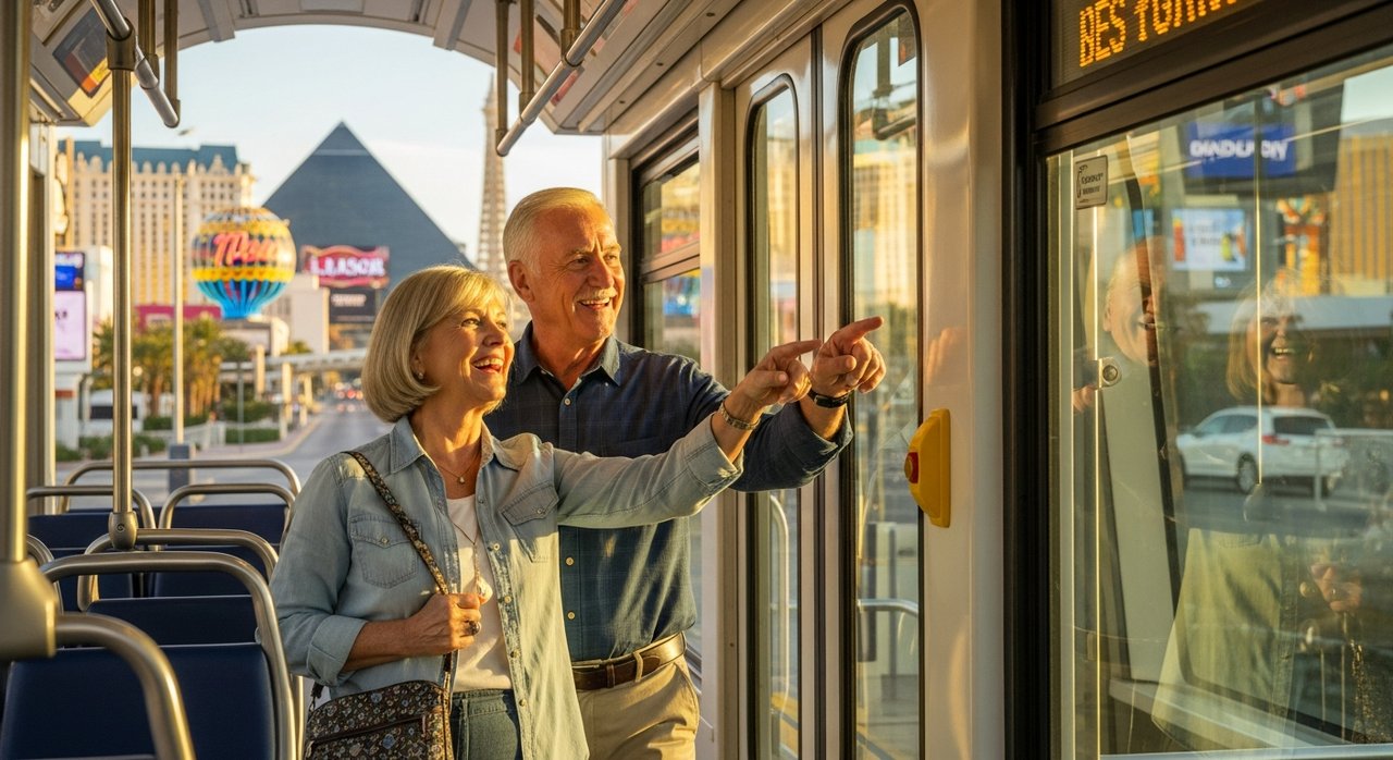 A senior couple in their 60s boarding the free tram at Mandalay Bay on the Las Vegas Strip, enjoying a comfortable and cost-free ride connecting to Luxor and Excalibur, making transportation easy for seniors who prefer not to walk in the Nevada heat.