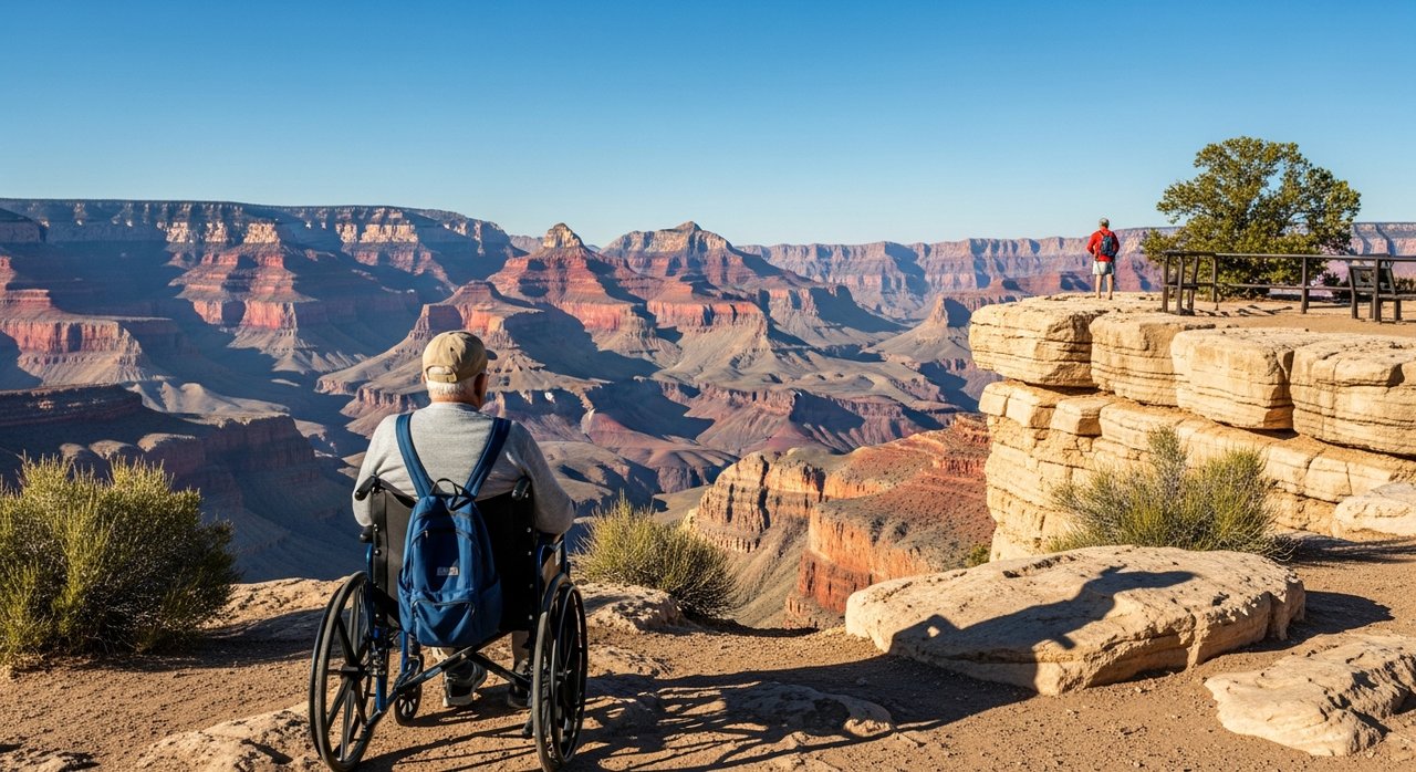 A senior man in his 70s in a wheelchair at Mather Point on the Grand Canyon South Rim, gazing at the breathtaking canyon vista on an accessible Grand Canyon tour from Las Vegas, with smooth paved paths and benches visible nearby.