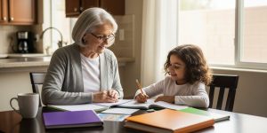 A senior grandmother in her 60s helping her young grandchild with homework at a kitchen table in a Henderson Nevada home, representing the 28,000 Nevada grandparents raising grandchildren and the kinship care programs, legal rights, and financial assistance available in Clark County and Las Vegas in 2026.