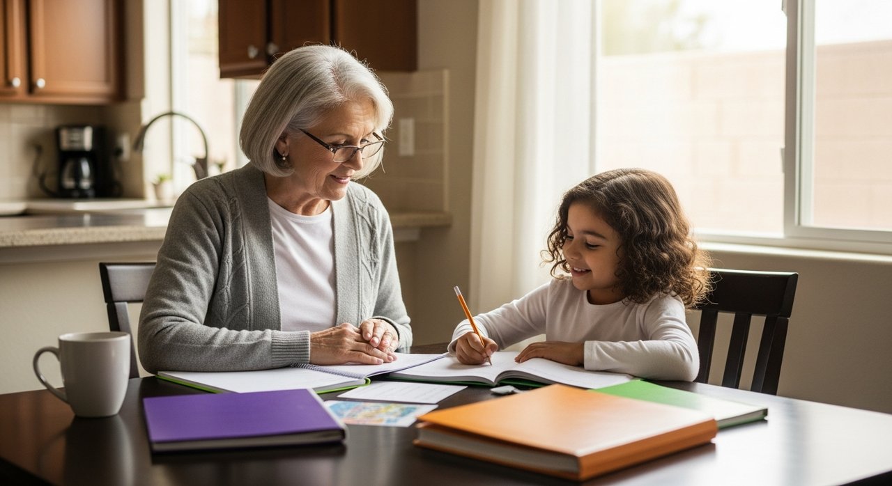 A senior grandmother in her 60s helping her young grandchild with homework at a kitchen table in a Henderson Nevada home, representing the 28,000 Nevada grandparents raising grandchildren and the kinship care programs, legal rights, and financial assistance available in Clark County and Las Vegas in 2026.