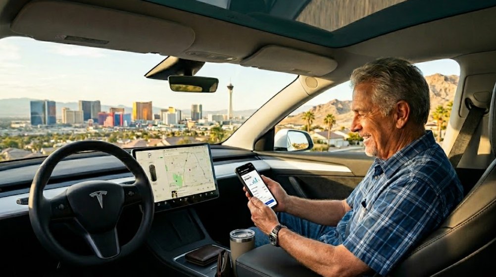 Smiling senior man in Tesla holds phone with delivery app, Las Vegas skyline in background.
