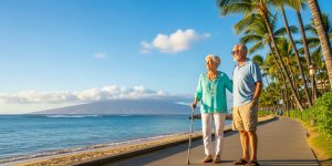 A senior couple in their 60s enjoying a walk along the accessible Ka'anapali Beach boardwalk in Maui Hawaii, representing the best Hawaii trip options for Las Vegas seniors in 2026 including accessible islands, direct flights, and mobility-friendly beaches.
