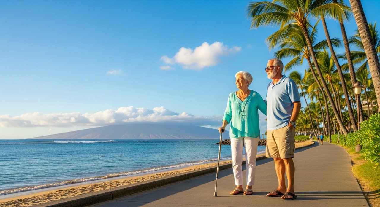 A senior couple in their 60s enjoying a walk along the accessible Ka'anapali Beach boardwalk in Maui Hawaii, representing the best Hawaii trip options for Las Vegas seniors in 2026 including accessible islands, direct flights, and mobility-friendly beaches.