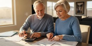 A senior couple in their late 60s reviewing Medicare paperwork at a sunlit dining table in their Las Vegas home, calculating healthcare costs for Las Vegas seniors 2026 including Part B premiums, deductibles, and assisted living expenses for a solid retirement budget.