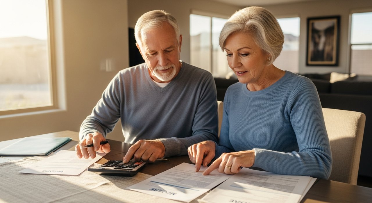 A senior couple in their late 60s reviewing Medicare paperwork at a sunlit dining table in their Las Vegas home, calculating healthcare costs for Las Vegas seniors 2026 including Part B premiums, deductibles, and assisted living expenses for a solid retirement budget.