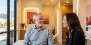 A senior man in his 60s receiving hearing loss evaluation at a Las Vegas audiology clinic, sitting comfortably with an audiologist who is adjusting a hearing aid, with soft natural lighting and a welcoming clinical environment in the background.