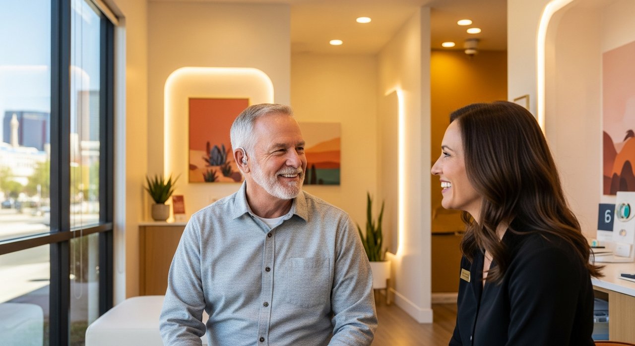 A senior man in his 60s receiving hearing loss evaluation at a Las Vegas audiology clinic, sitting comfortably with an audiologist who is adjusting a hearing aid, with soft natural lighting and a welcoming clinical environment in the background.