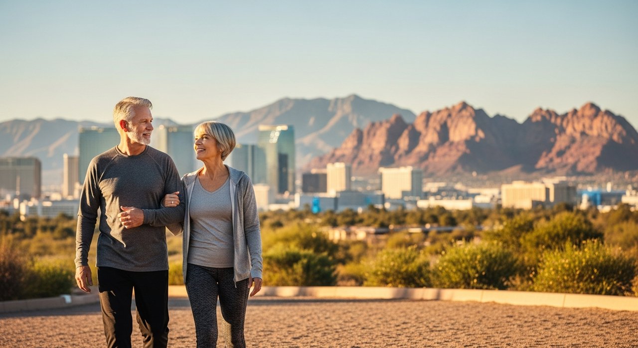A healthy senior couple in their 60s walking together outdoors in Las Vegas, with Red Rock Canyon mountains visible in the background. Both appear energized and happy during their morning walk. Heart health for seniors over 60 emphasizes regular moderate-intensity aerobic activity like this daily walk through beautiful Nevada landscapes.