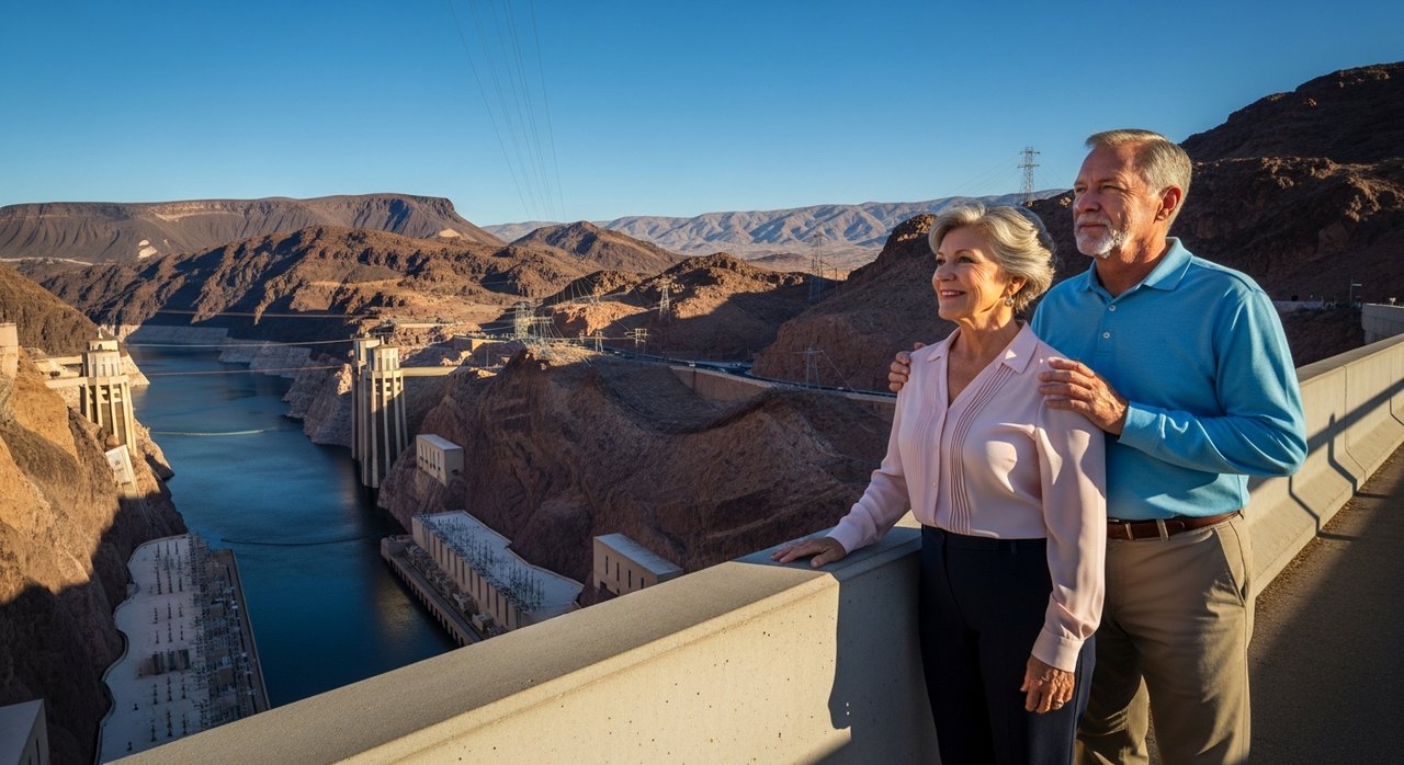 A senior couple in their 60s on the pedestrian walkway of the Memorial Bridge overlooking Hoover Dam and the Colorado River in Nevada, enjoying the dramatic canyon scenery on a Hoover Dam tour from Las Vegas in the early morning light.
