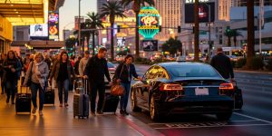 Travelers with luggage at a rideshare pickup zone outside a Las Vegas Strip casino hotel at evening, with glowing neon signs in the background.