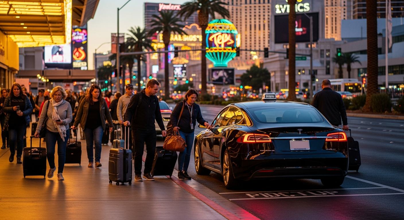 Travelers with luggage approaching a black Tesla at a rideshare pickup zone outside a Las Vegas Strip casino hotel, with neon signs in the background — how to use Uber in Las Vegas.