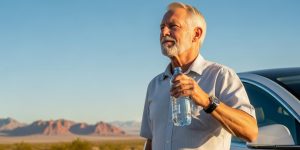 A healthy senior man in his 60s drinking water from an insulated bottle while standing in the Las Vegas desert heat, with red rock mountains visible in the background, illustrating the importance of hydration seniors Las Vegas heat need during extreme temperature conditions in Nevada.