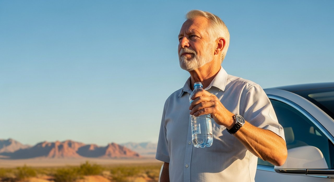 A healthy senior man in his 60s drinking water from an insulated bottle while standing in the Las Vegas desert heat, with red rock mountains visible in the background, illustrating the importance of hydration seniors Las Vegas heat need during extreme temperature conditions in Nevada.