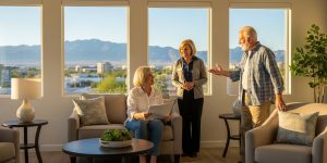 A senior couple in Las Vegas touring an independent living community for seniors over 60, reviewing floor plans with a professional staff member. The bright, modern apartment features desert views and warm natural lighting, showcasing the comfortable independent living facilities available in Las Vegas's 38 senior communities.