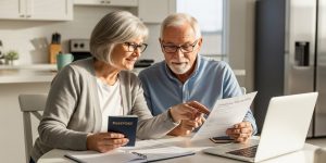 A senior couple in their sixties reviewing international travel insurance for seniors over 60 at a bright kitchen table, with passports and documents spread out as they prepare for an international trip from Las Vegas.