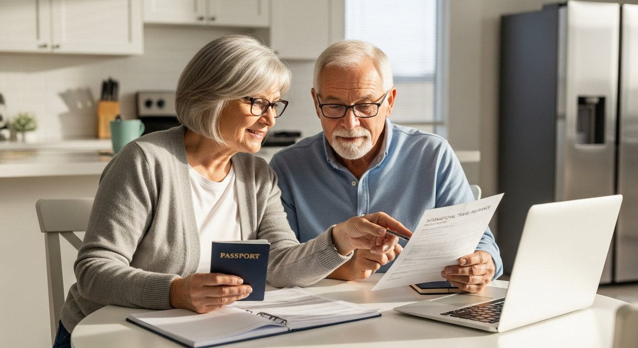 A senior couple in their sixties reviewing international travel insurance for seniors over 60 at a bright kitchen table, with passports and documents spread out as they prepare for an international trip from Las Vegas.