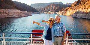 A senior couple in their 60s enjoying a Lake Mead boat tour near Las Vegas, standing on the deck of the Desert Princess paddlewheeler, pointing toward the Hoover Dam with red canyon walls in the background on a sunny afternoon.