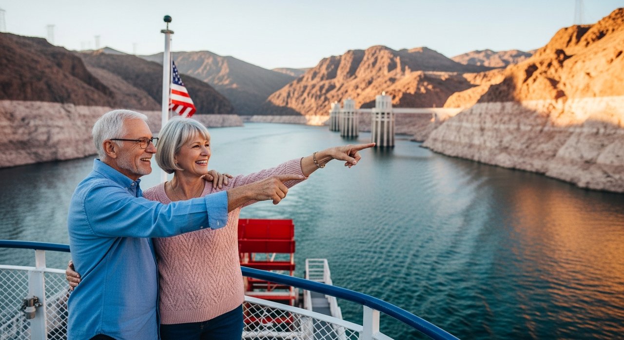 Senior couple aboard a boat on Lake Mead, looking out at Hoover Dam and the water with desert canyon walls in the background.