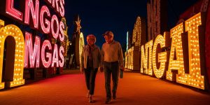 A senior couple in their 60s enjoying the Las Vegas Neon Museum seniors visit at night, surrounded by glowing restored vintage neon signs from classic Las Vegas casinos, walking the accessible Neon Boneyard path in comfortable shoes