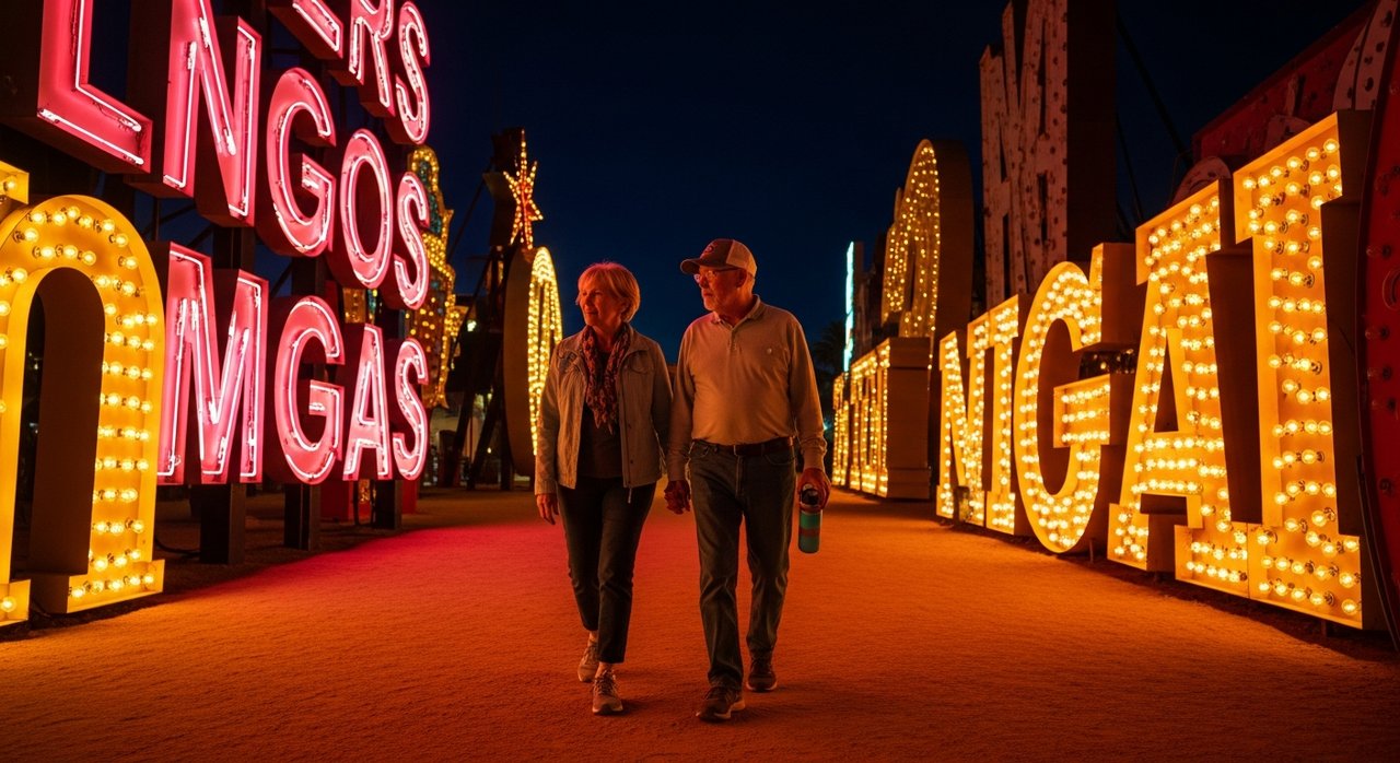 A senior couple in their 60s enjoying the Las Vegas Neon Museum seniors visit at night, surrounded by glowing restored vintage neon signs from classic Las Vegas casinos, walking the accessible Neon Boneyard path in comfortable shoes