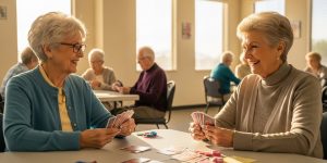 Two seniors in their late 60s enjoying Las Vegas senior center activities programs, playing cards at a bright community center room in Clark County with other active adults participating in crafts and fitness programs in the background.