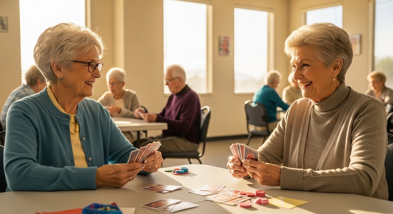 Two seniors in their late 60s enjoying Las Vegas senior center activities programs, playing cards at a bright community center room in Clark County with other active adults participating in crafts and fitness programs in the background.