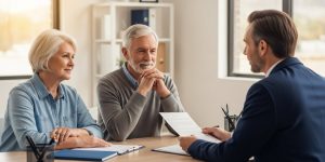 A senior couple in their sixties consulting with a lawyer in a bright Las Vegas legal office, illustrating access to free legal aid resources for seniors in Las Vegas and Clark County.