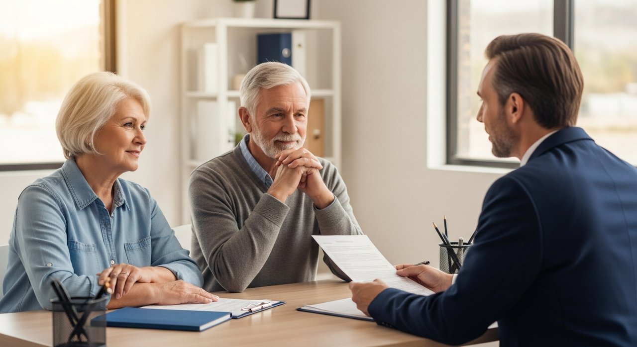 A senior couple in their sixties consulting with a lawyer in a bright Las Vegas legal office, illustrating access to free legal aid resources for seniors in Las Vegas and Clark County.