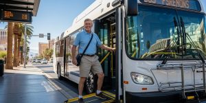 Senior man boarding an RTC public bus in Las Vegas as part of senior transportation options