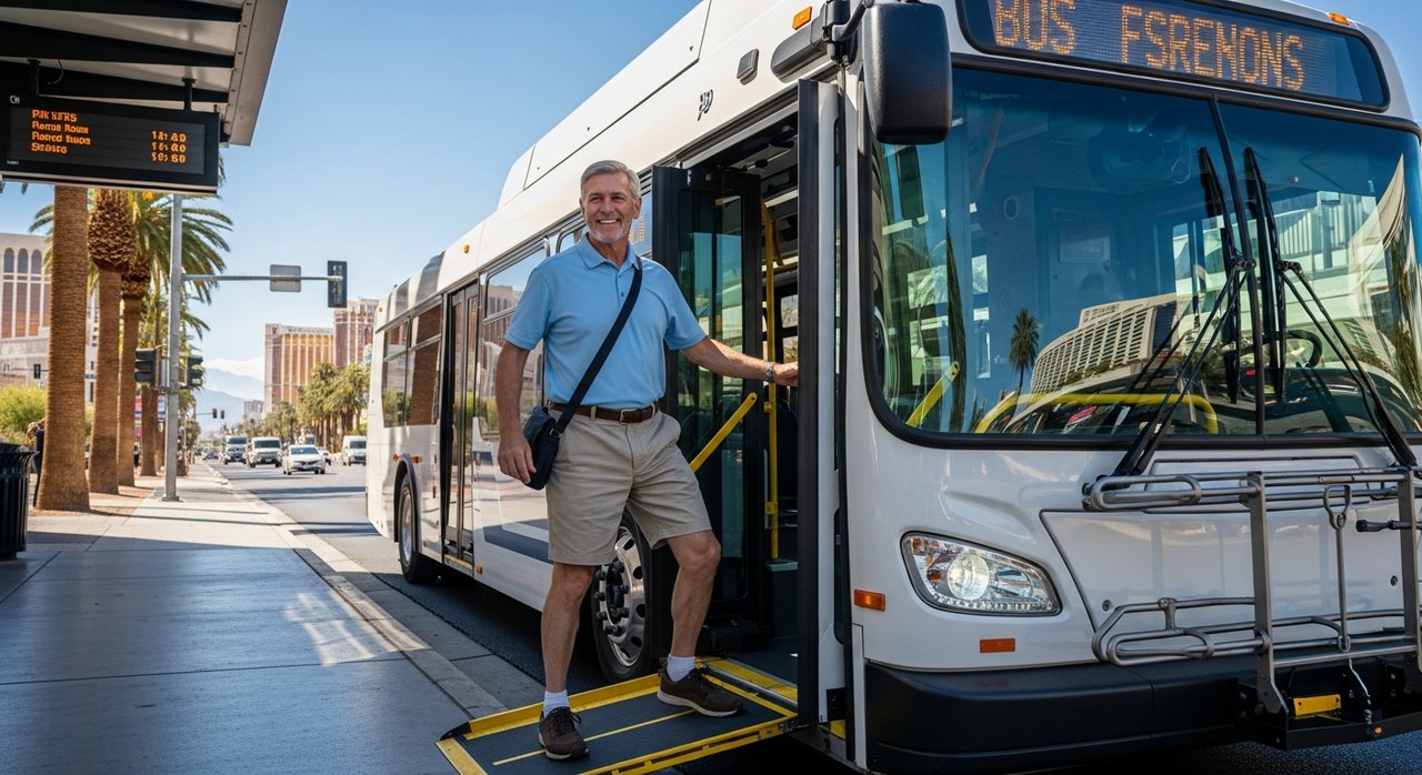 Senior man boarding an RTC public bus in Las Vegas as part of senior transportation options