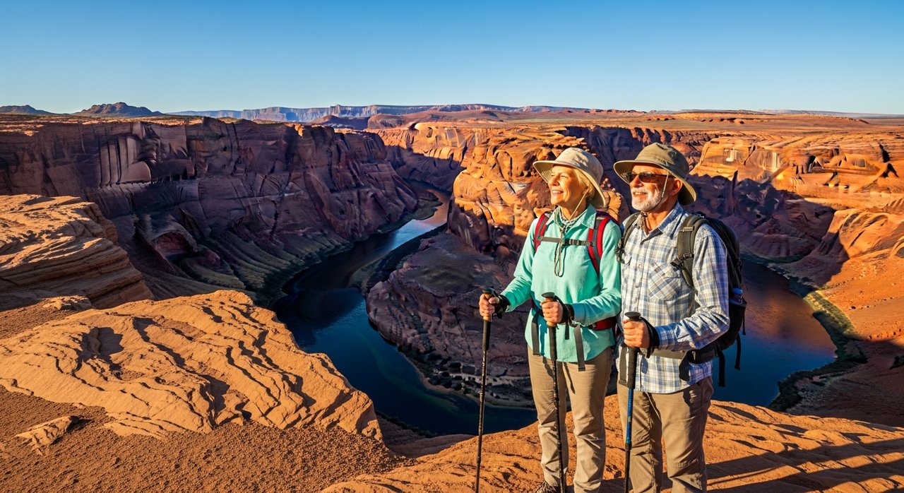 A senior couple in their 60s standing at the Horseshoe Bend overlook near Page, Arizona, admiring the sweeping Colorado River curve below on a Las Vegas to Page Arizona road trip for seniors in 2026, with dramatic canyon walls and clear desert sky behind them.