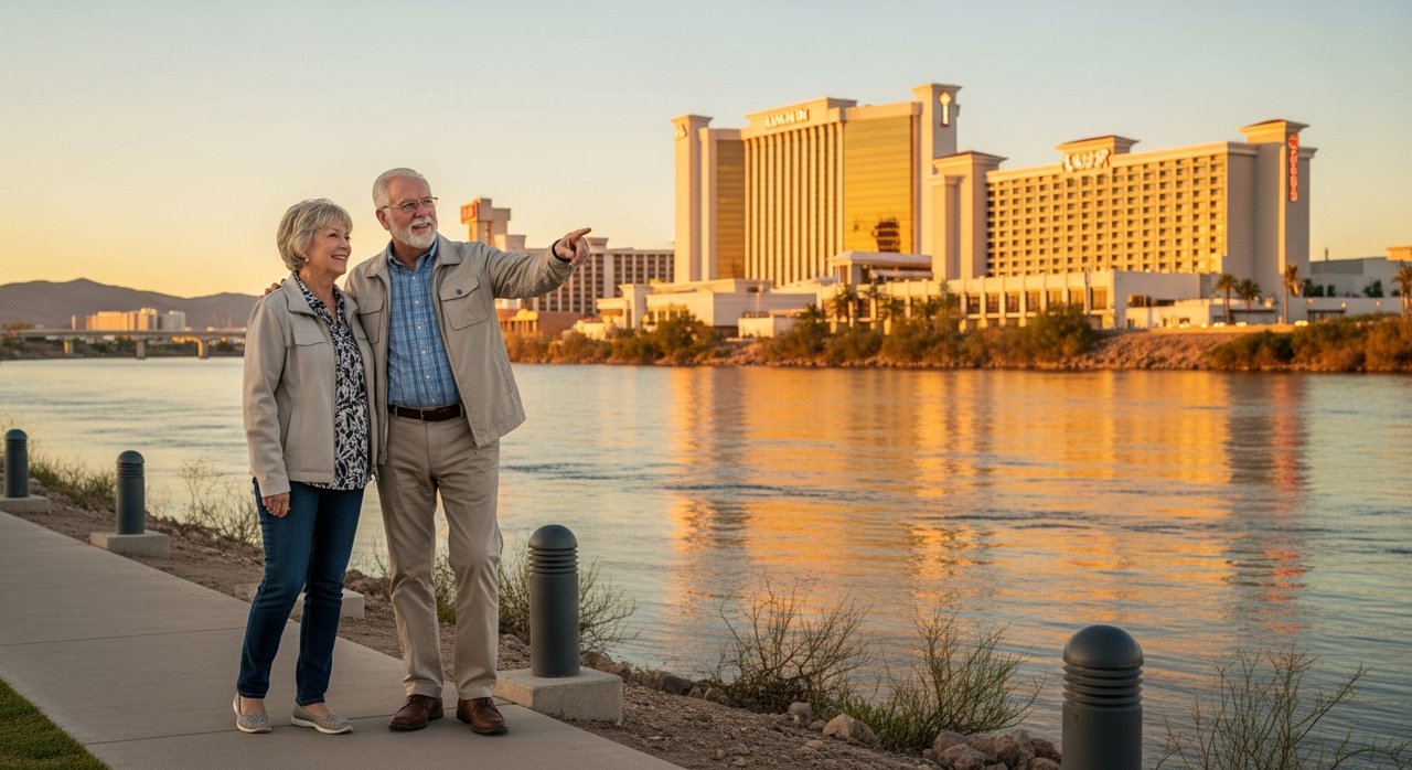 A senior couple enjoying a relaxed walk along the flat paved Riverwalk beside the Colorado River in Laughlin Nevada, with casino hotels reflected in the calm water behind them — the kind of peaceful seniors overnight getaway that Las Vegas locals have discovered just 97 miles from the Strip.
