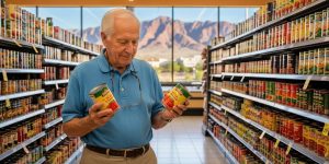 Senior man comparing grocery prices in a Las Vegas store - living well on a fixed income