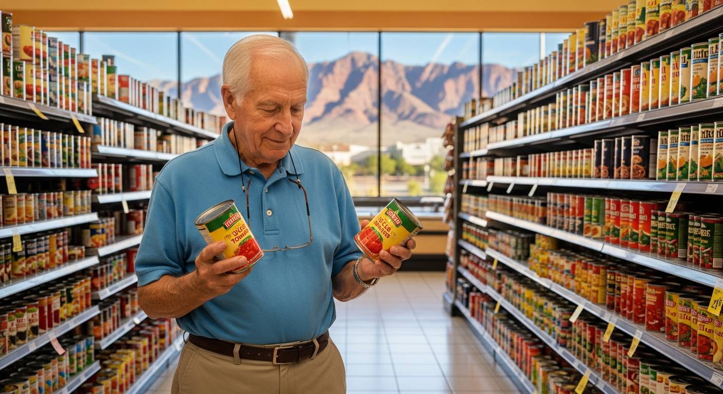 Senior man comparing grocery prices in a Las Vegas store - living well on a fixed income