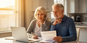 A senior couple in their 60s reviewing long-term care insurance documents at a sunlit kitchen table in their Las Vegas Nevada home, discussing nursing home cost planning and the Nevada Partnership Program for asset protection in 2026.